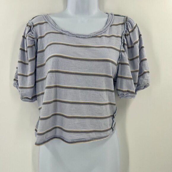 Free People S/P We The Free Stripe Crop Top Raw Seam Puff Sleeve Boho Tee - Picture 2 of 11